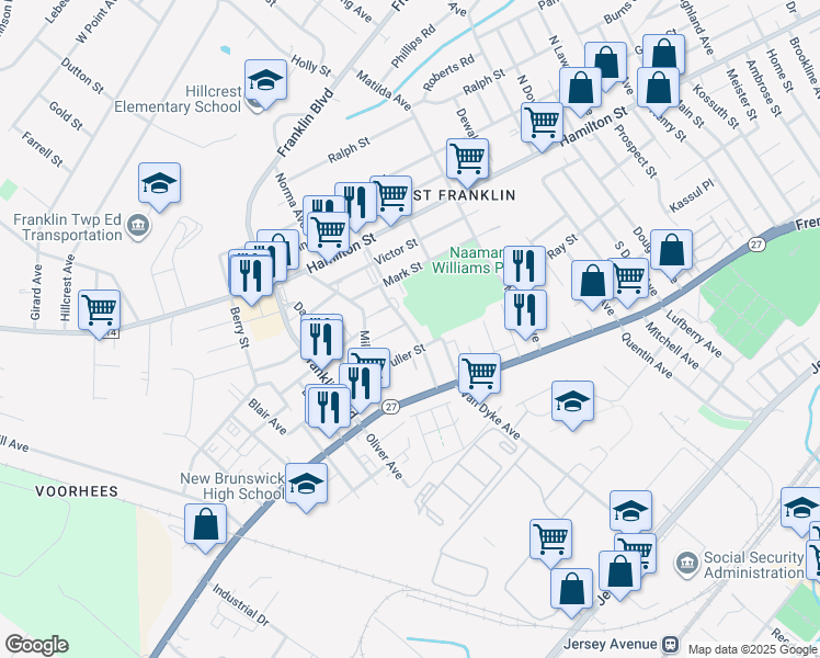 map of restaurants, bars, coffee shops, grocery stores, and more near 30 Parkside Street in Franklin Township