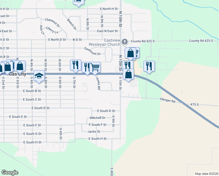 map of restaurants, bars, coffee shops, grocery stores, and more near 926 Oak Drive in Gas City