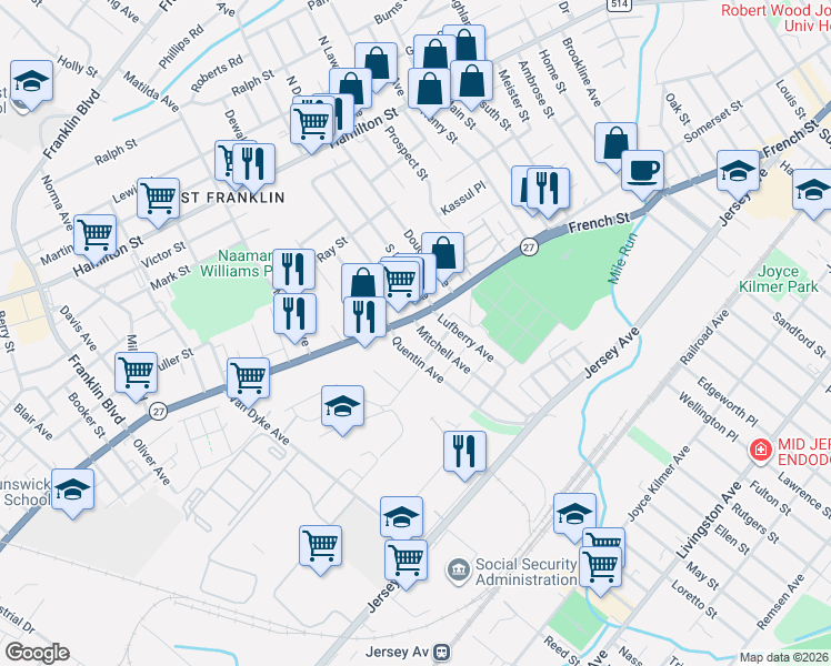 map of restaurants, bars, coffee shops, grocery stores, and more near 66 Mitchell Avenue in New Brunswick