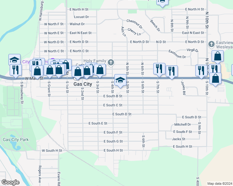 map of restaurants, bars, coffee shops, grocery stores, and more near 400 East South A Street in Gas City