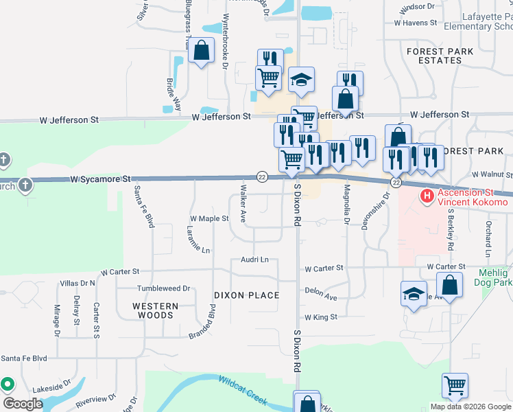 map of restaurants, bars, coffee shops, grocery stores, and more near 218 Inland Drive in Kokomo
