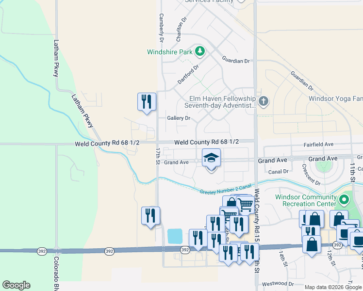 map of restaurants, bars, coffee shops, grocery stores, and more near 1634 Sorenson Drive in Windsor