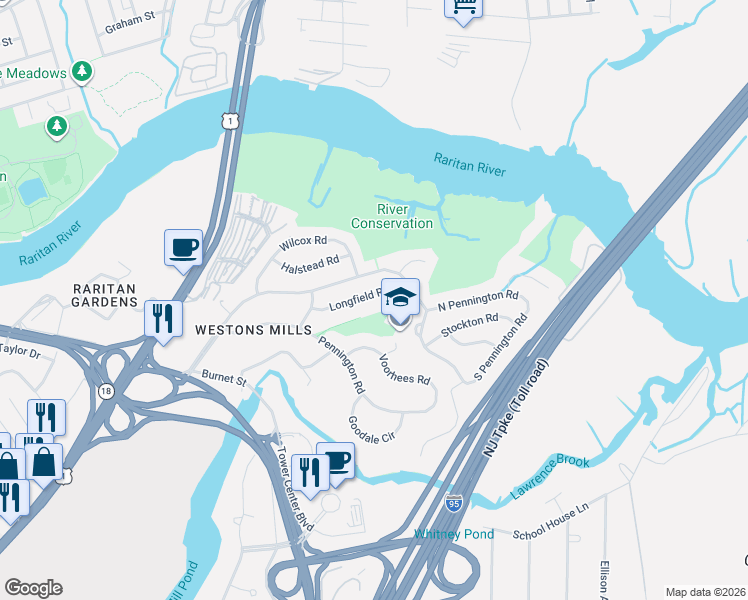 map of restaurants, bars, coffee shops, grocery stores, and more near 22 Longfield Road in New Brunswick