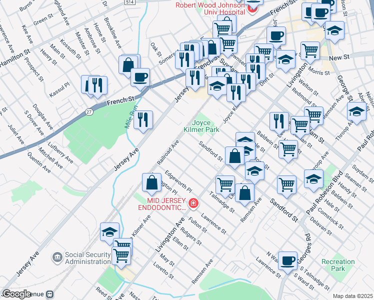 map of restaurants, bars, coffee shops, grocery stores, and more near 272 Powers Street in New Brunswick