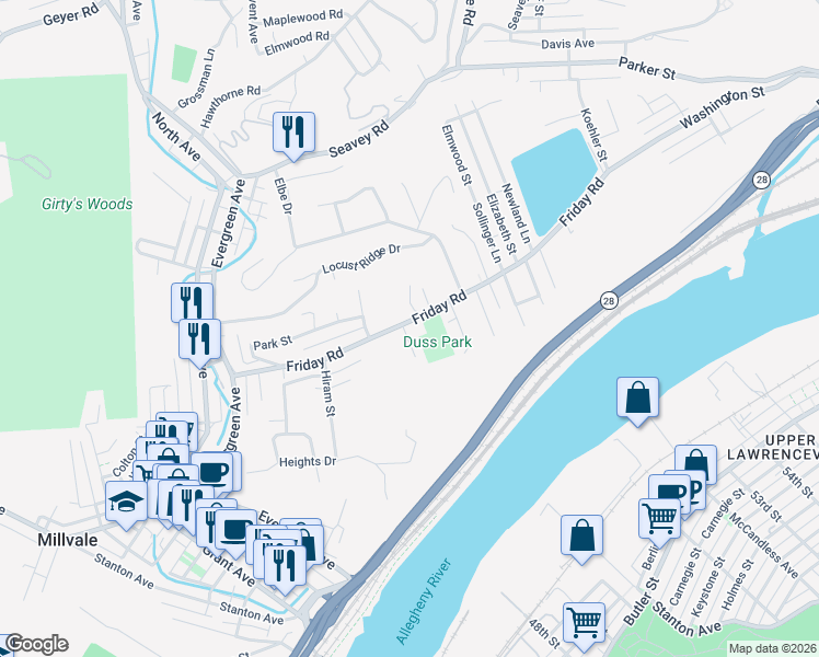 map of restaurants, bars, coffee shops, grocery stores, and more near 320 Friday Rd in Pittsburgh