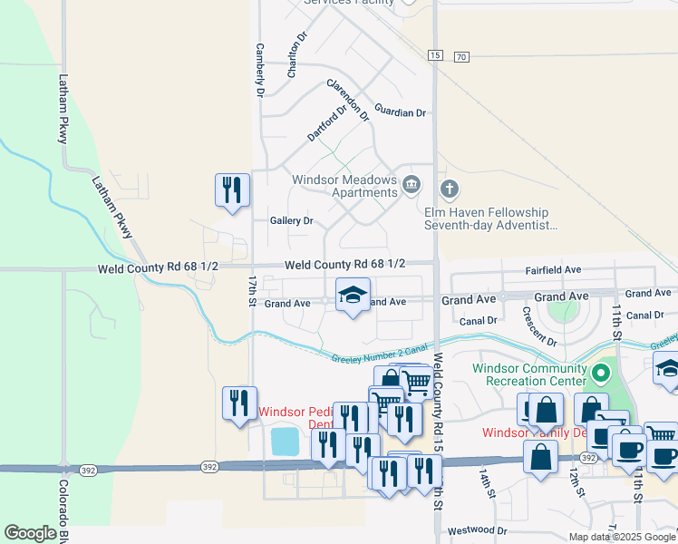 map of restaurants, bars, coffee shops, grocery stores, and more near 1604 Sorenson Drive in Windsor