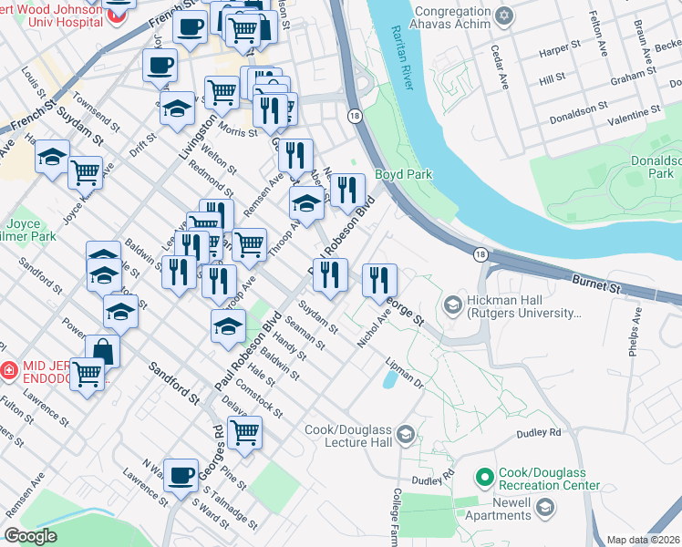 map of restaurants, bars, coffee shops, grocery stores, and more near 81 Bishop Street in New Brunswick