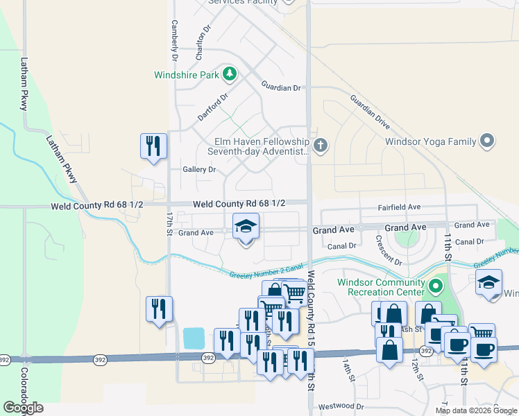 map of restaurants, bars, coffee shops, grocery stores, and more near 1562 Sorenson Drive in Windsor