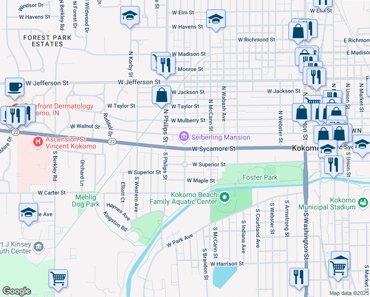 map of restaurants, bars, coffee shops, grocery stores, and more near 1200 West Sycamore Street in Kokomo