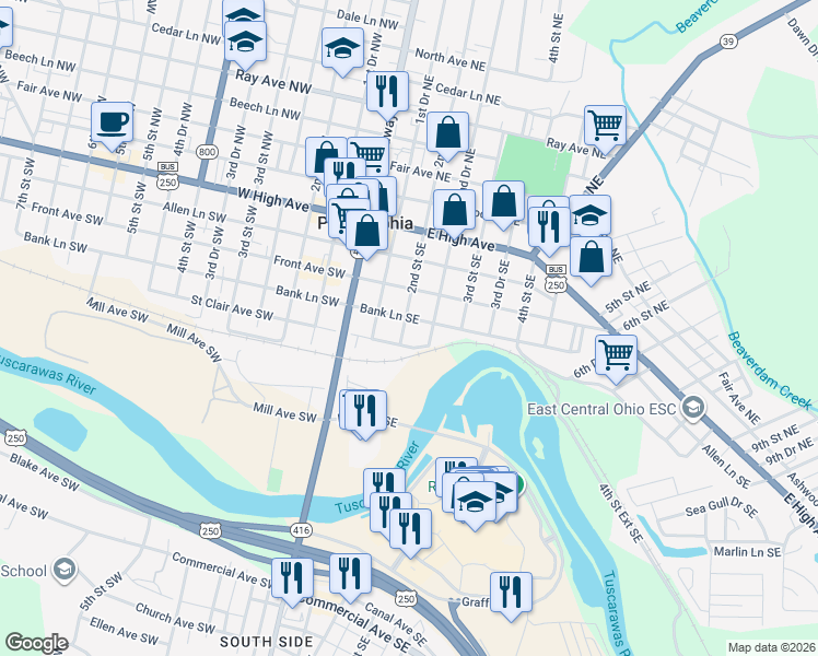 map of restaurants, bars, coffee shops, grocery stores, and more near 237 2nd Street Southeast in New Philadelphia