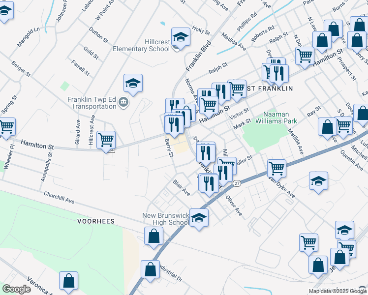 map of restaurants, bars, coffee shops, grocery stores, and more near 662 Franklin Boulevard in Franklin Township