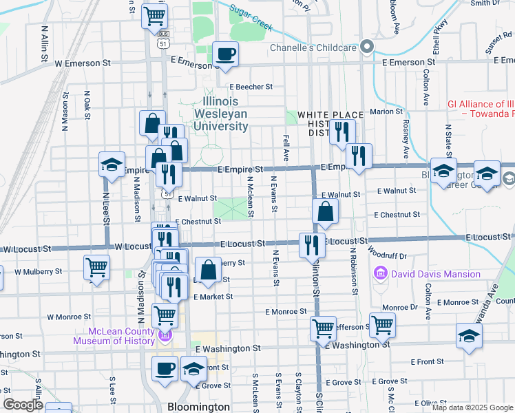 map of restaurants, bars, coffee shops, grocery stores, and more near 907 North Mclean Street in Bloomington