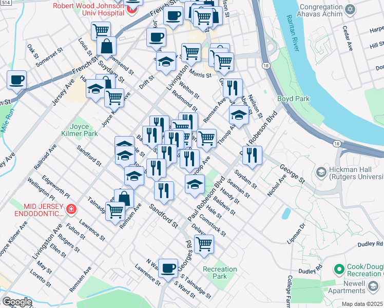 map of restaurants, bars, coffee shops, grocery stores, and more near 146 Seaman Street in New Brunswick