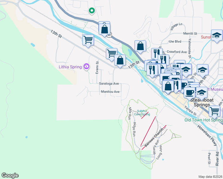 map of restaurants, bars, coffee shops, grocery stores, and more near 490 Gilpin Street in Steamboat Springs