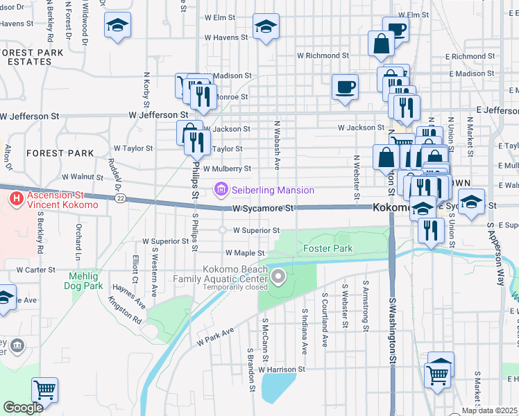 map of restaurants, bars, coffee shops, grocery stores, and more near 101 North McCann Street in Kokomo