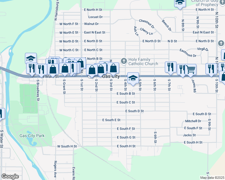 map of restaurants, bars, coffee shops, grocery stores, and more near 201-219 South 3rd Street in Gas City