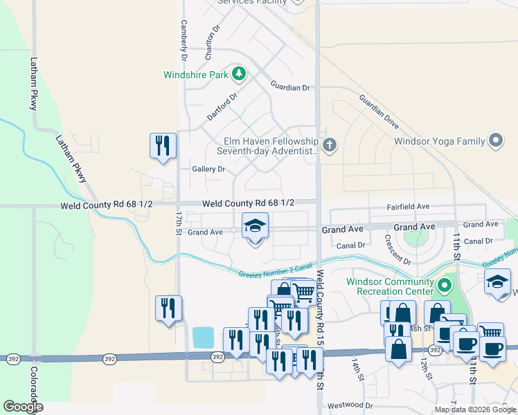 map of restaurants, bars, coffee shops, grocery stores, and more near 1562 Sorenson Drive in Windsor