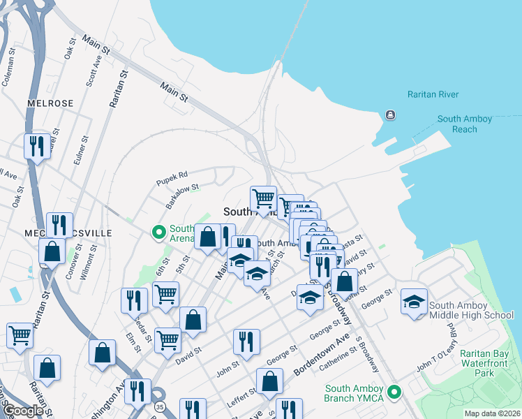 map of restaurants, bars, coffee shops, grocery stores, and more near in South Amboy
