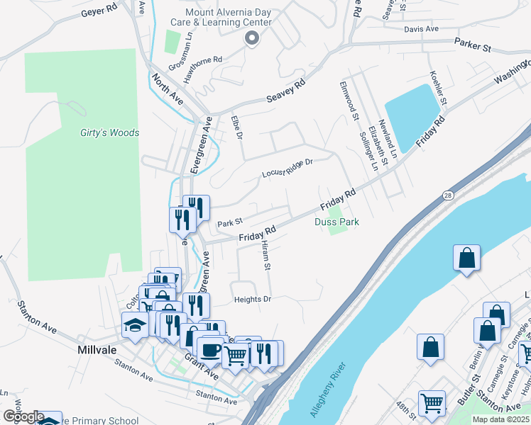 map of restaurants, bars, coffee shops, grocery stores, and more near 200 Park Street in Pittsburgh