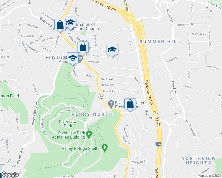 map of restaurants, bars, coffee shops, grocery stores, and more near 108 Dunlap Street in Pittsburgh