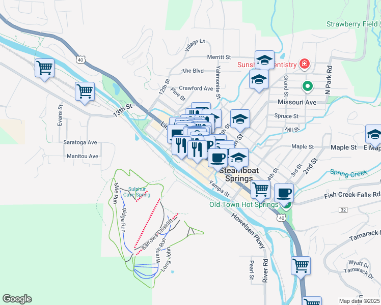 map of restaurants, bars, coffee shops, grocery stores, and more near 58 9th Street in Steamboat Springs
