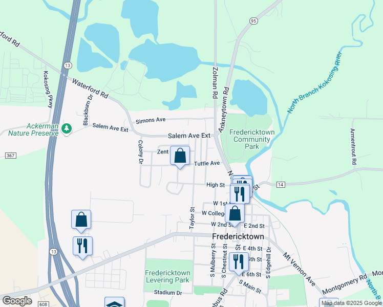 map of restaurants, bars, coffee shops, grocery stores, and more near 32 Zent Avenue in Fredericktown