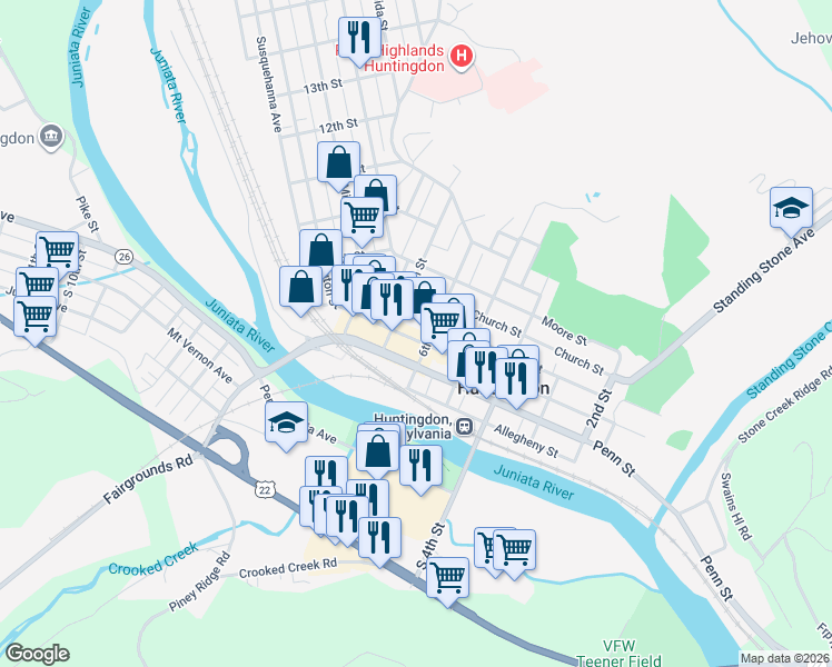 map of restaurants, bars, coffee shops, grocery stores, and more near 611 Washington Street in Huntingdon