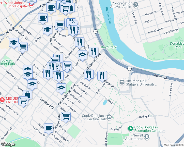 map of restaurants, bars, coffee shops, grocery stores, and more near 81 Bishop Street in New Brunswick