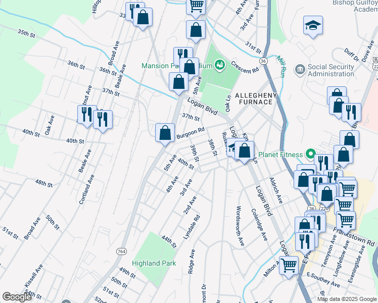 map of restaurants, bars, coffee shops, grocery stores, and more near 3901 5th Avenue in Altoona