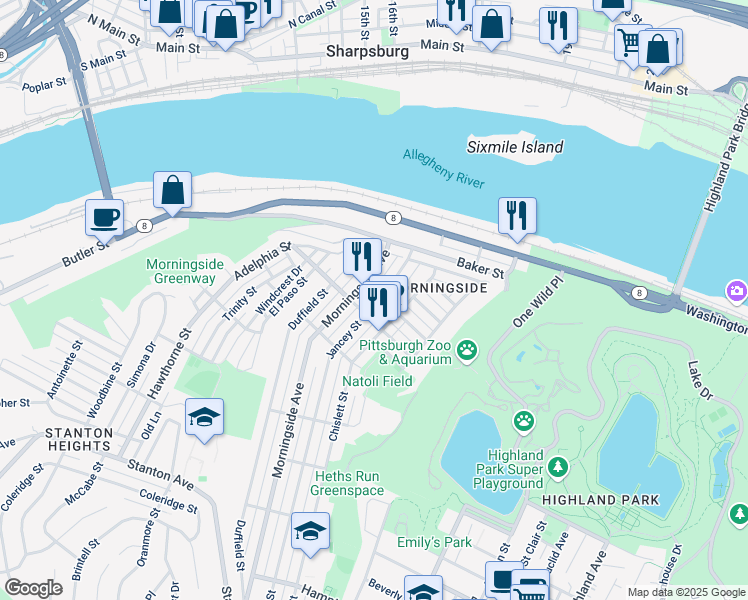 map of restaurants, bars, coffee shops, grocery stores, and more near 1821 Jancey Street in Pittsburgh