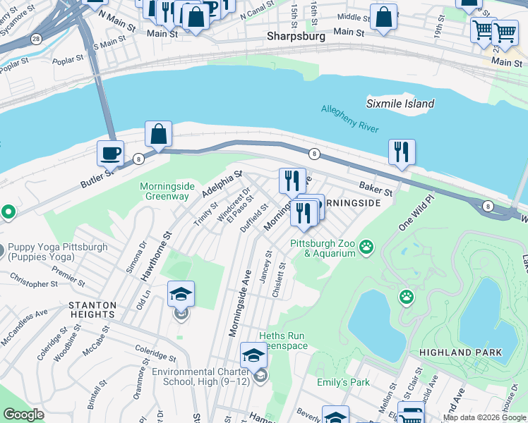 map of restaurants, bars, coffee shops, grocery stores, and more near 1723 Duffield Street in Pittsburgh