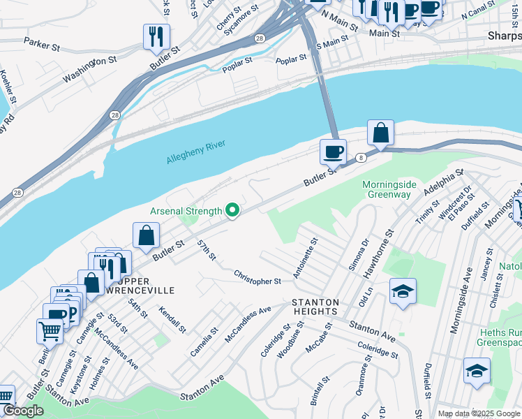 map of restaurants, bars, coffee shops, grocery stores, and more near 6020 Butler Street in Pittsburgh