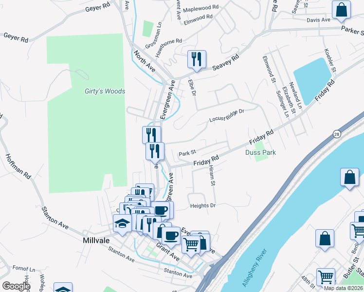 map of restaurants, bars, coffee shops, grocery stores, and more near 38 Lawrence Street in Millvale