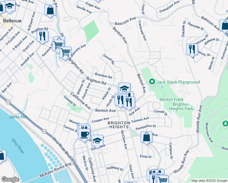 map of restaurants, bars, coffee shops, grocery stores, and more near 3873 Brighton Road in Pittsburgh
