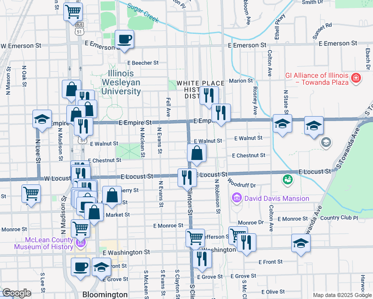 map of restaurants, bars, coffee shops, grocery stores, and more near 703 East Walnut Street in Bloomington