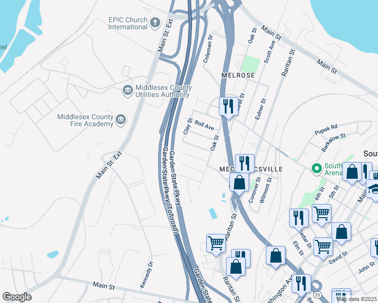 map of restaurants, bars, coffee shops, grocery stores, and more near 21 Frazee Avenue in South Amboy