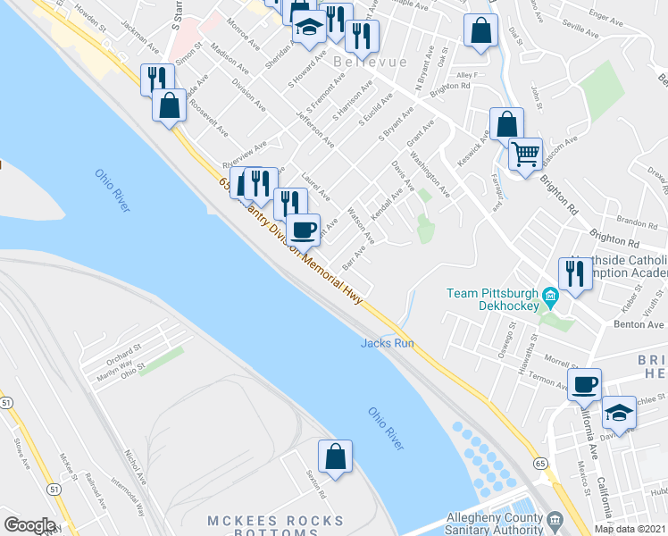 map of restaurants, bars, coffee shops, grocery stores, and more near 193 Kendall Avenue in Pittsburgh