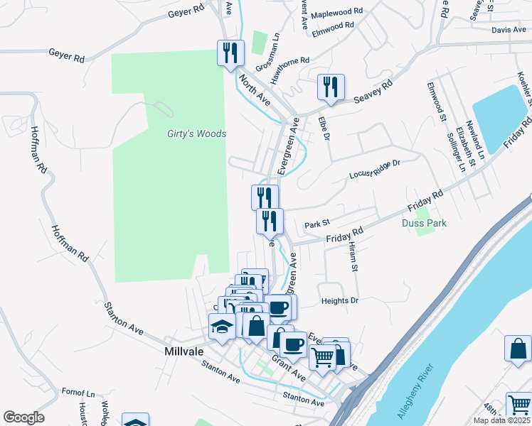 map of restaurants, bars, coffee shops, grocery stores, and more near 633 North Avenue in Millvale