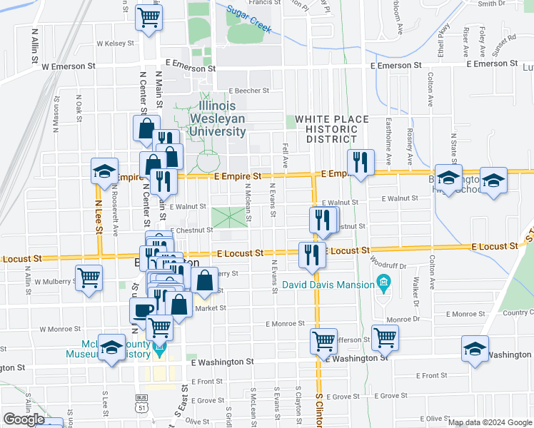 map of restaurants, bars, coffee shops, grocery stores, and more near 908 North Evans Street in Bloomington