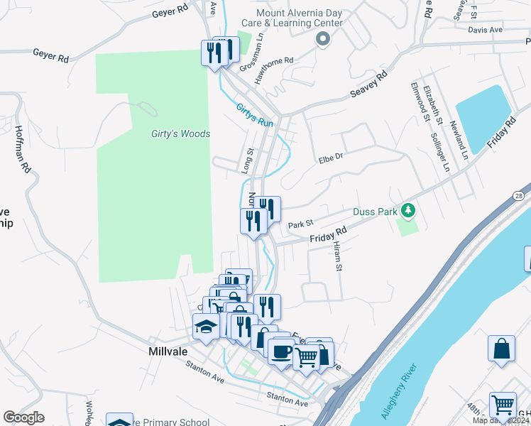 map of restaurants, bars, coffee shops, grocery stores, and more near 654 Evergreen Road in Pittsburgh