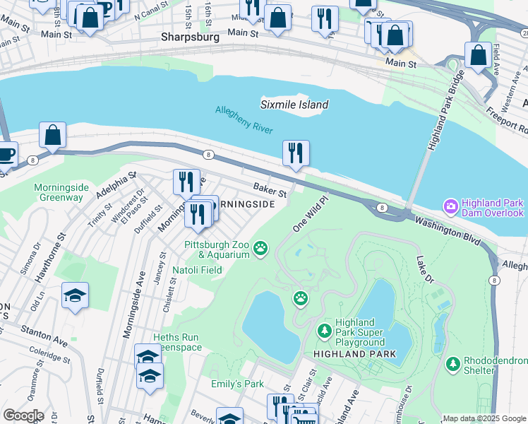 map of restaurants, bars, coffee shops, grocery stores, and more near 1940 Antietam Street in Pittsburgh