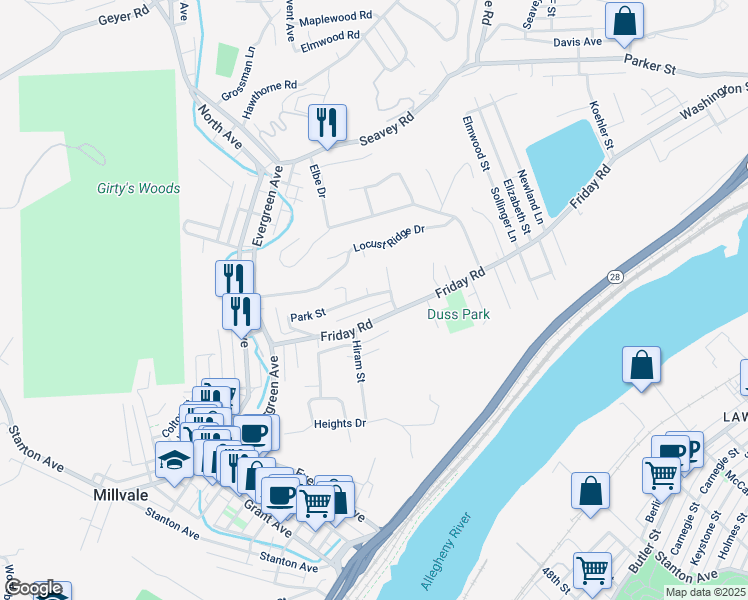 map of restaurants, bars, coffee shops, grocery stores, and more near 218 Park Street in Pittsburgh