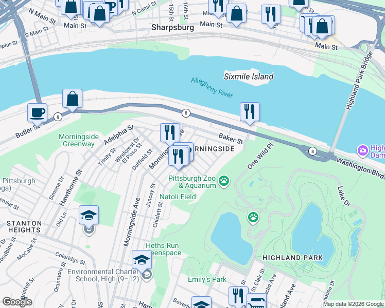 map of restaurants, bars, coffee shops, grocery stores, and more near 1849 Chislett Street in Pittsburgh