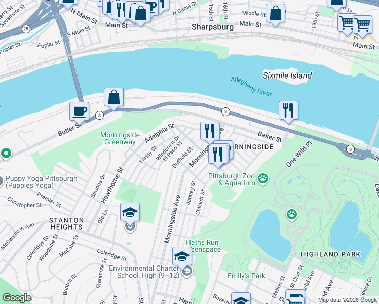 map of restaurants, bars, coffee shops, grocery stores, and more near 1723 Duffield Street in Pittsburgh