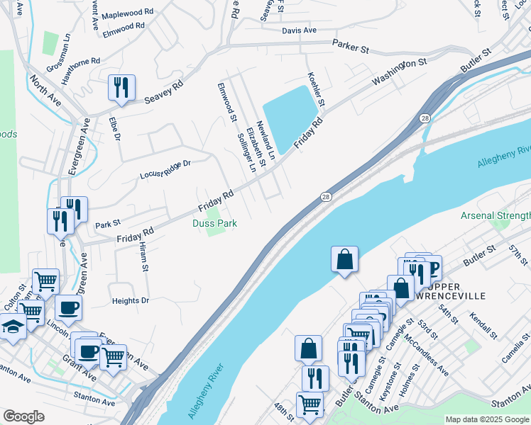 map of restaurants, bars, coffee shops, grocery stores, and more near 37 Perry Street in Millvale