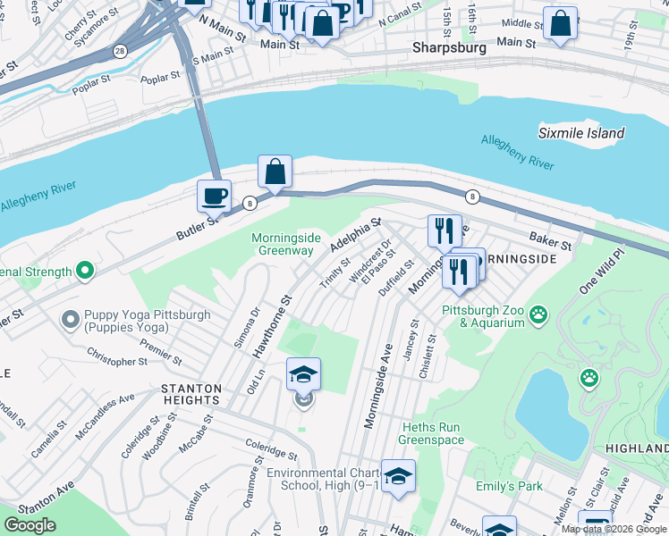 map of restaurants, bars, coffee shops, grocery stores, and more near 1619 Trinity Street in Pittsburgh