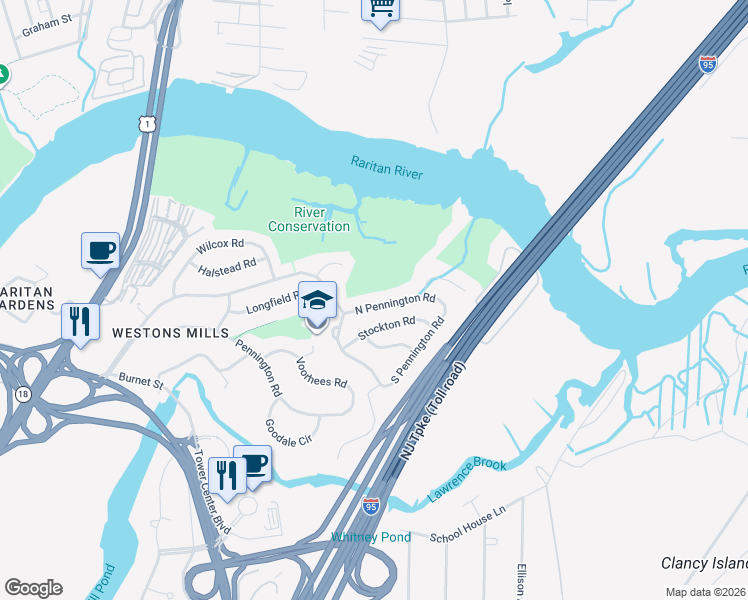 map of restaurants, bars, coffee shops, grocery stores, and more near 18 North Pennington Road in New Brunswick