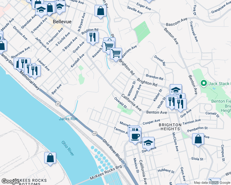 map of restaurants, bars, coffee shops, grocery stores, and more near 4021 California Avenue in Pittsburgh