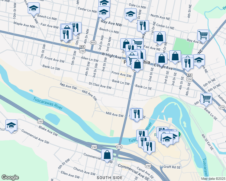 map of restaurants, bars, coffee shops, grocery stores, and more near 152 Saint Clair Avenue Southwest in New Philadelphia