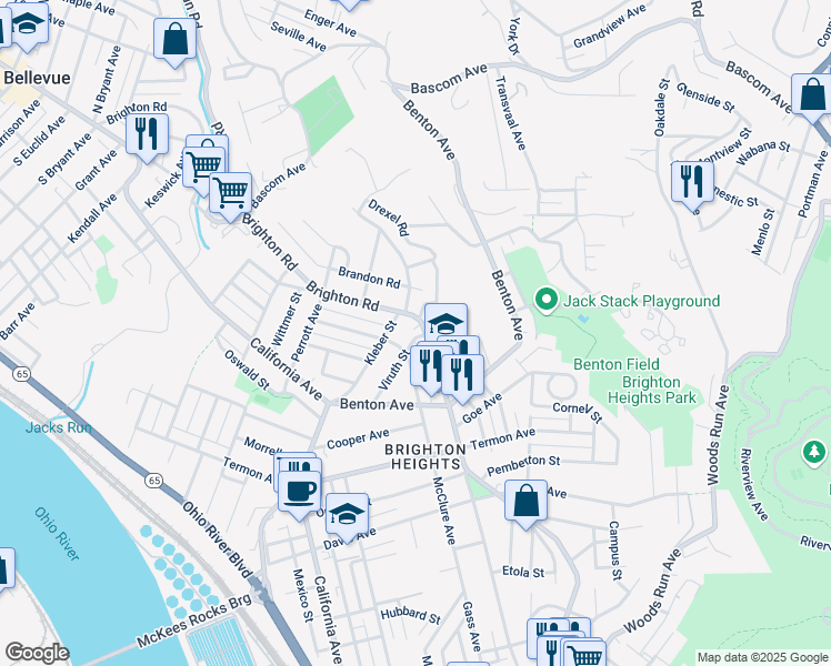 map of restaurants, bars, coffee shops, grocery stores, and more near 3873 Brighton Road in Pittsburgh